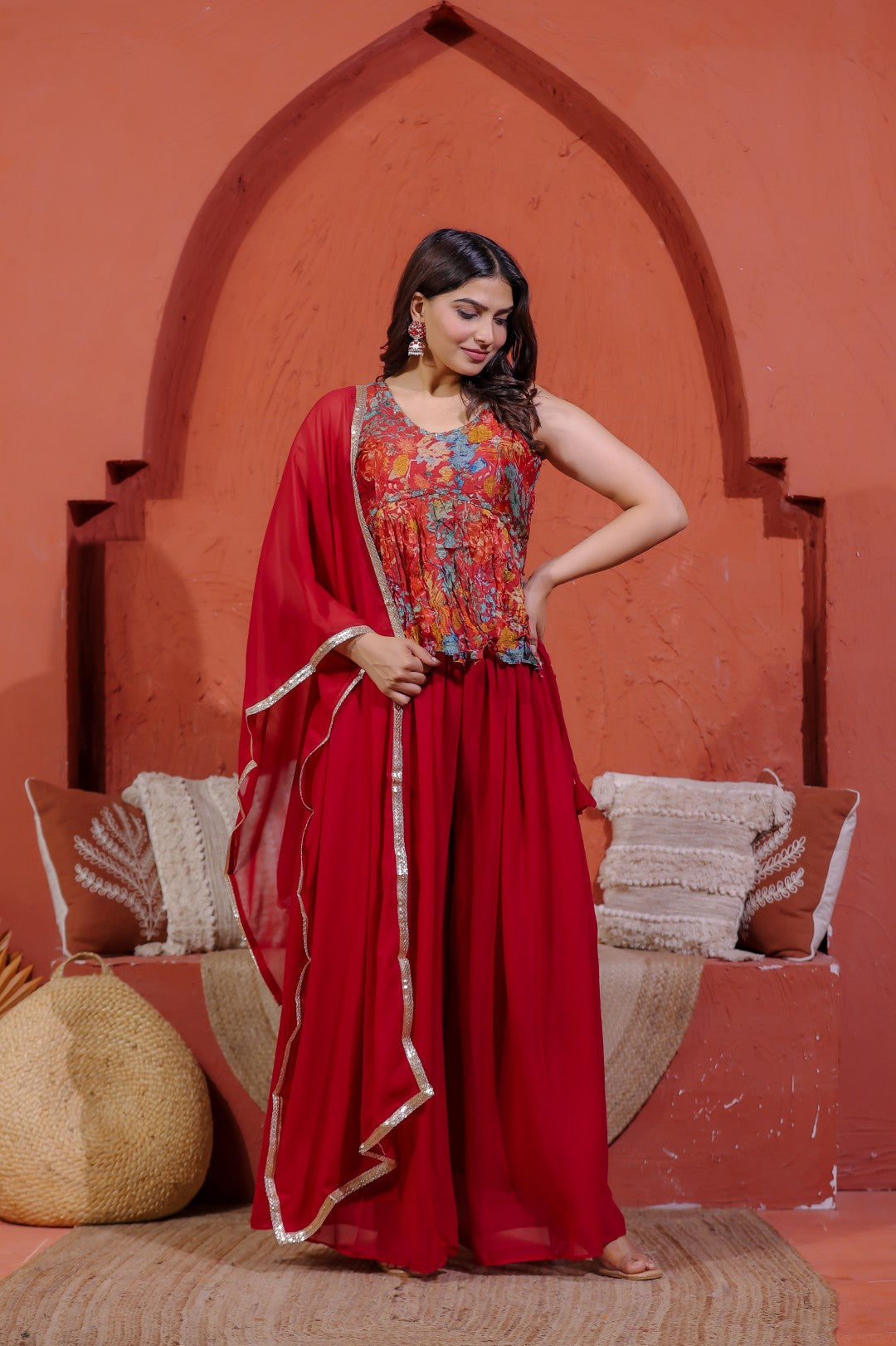 Maroon Chinon Silk Printed Top with Handwork, Sharara & Dupatta