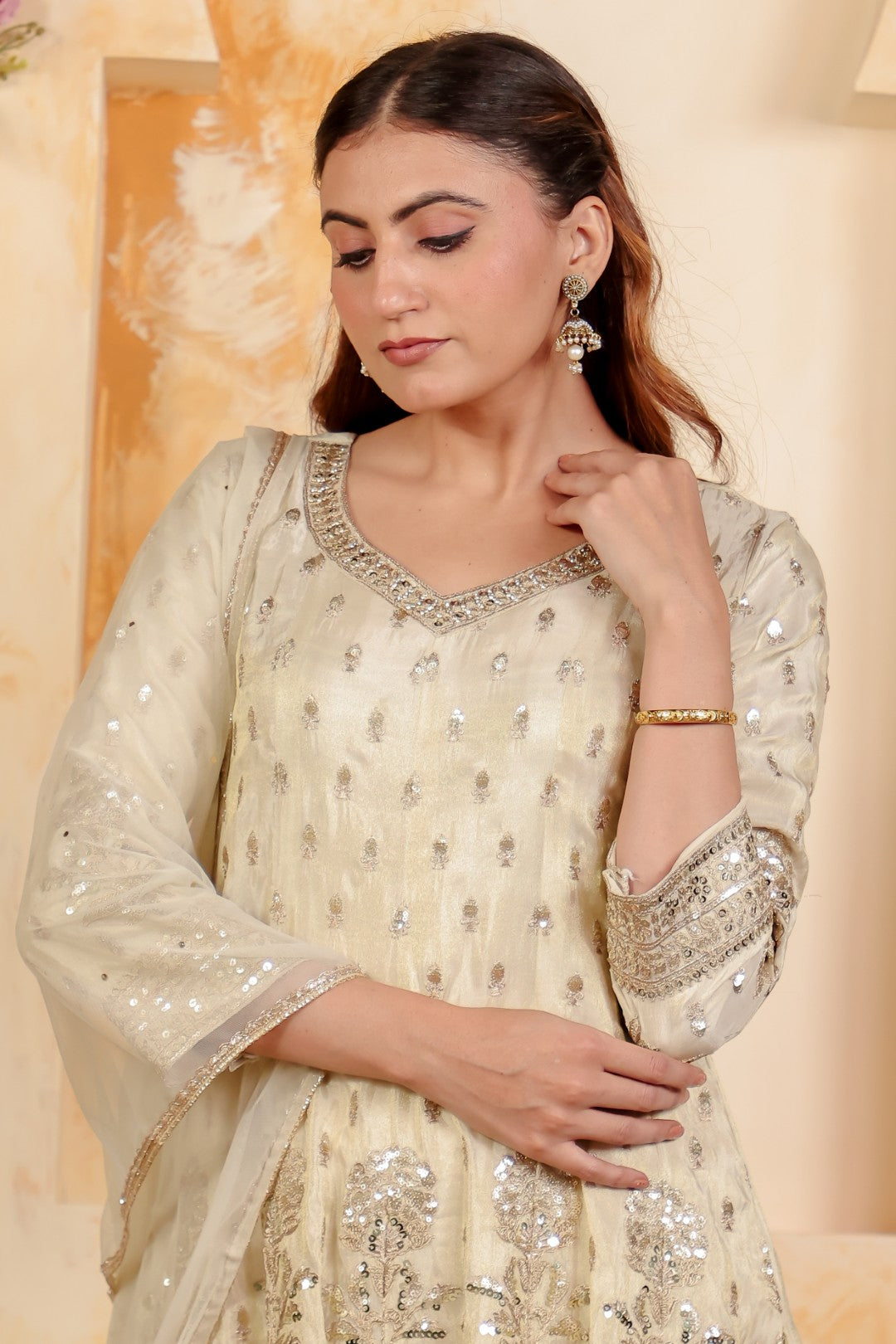 Off White Mosh Silk Suit with Full Sequins & Zari Work, Bottom & Dupatta