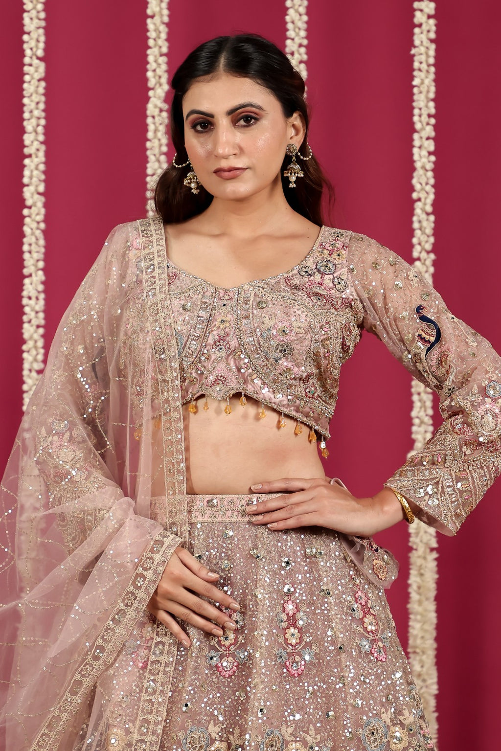 Pink Net Lehenga with Multi Color Full Sequence & Peacock Embroidery Work, Blouse & Dupatta