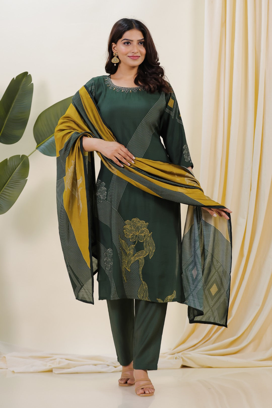 Dark Green Muslin Printed Handwork Suit with Bottom & Dupatta