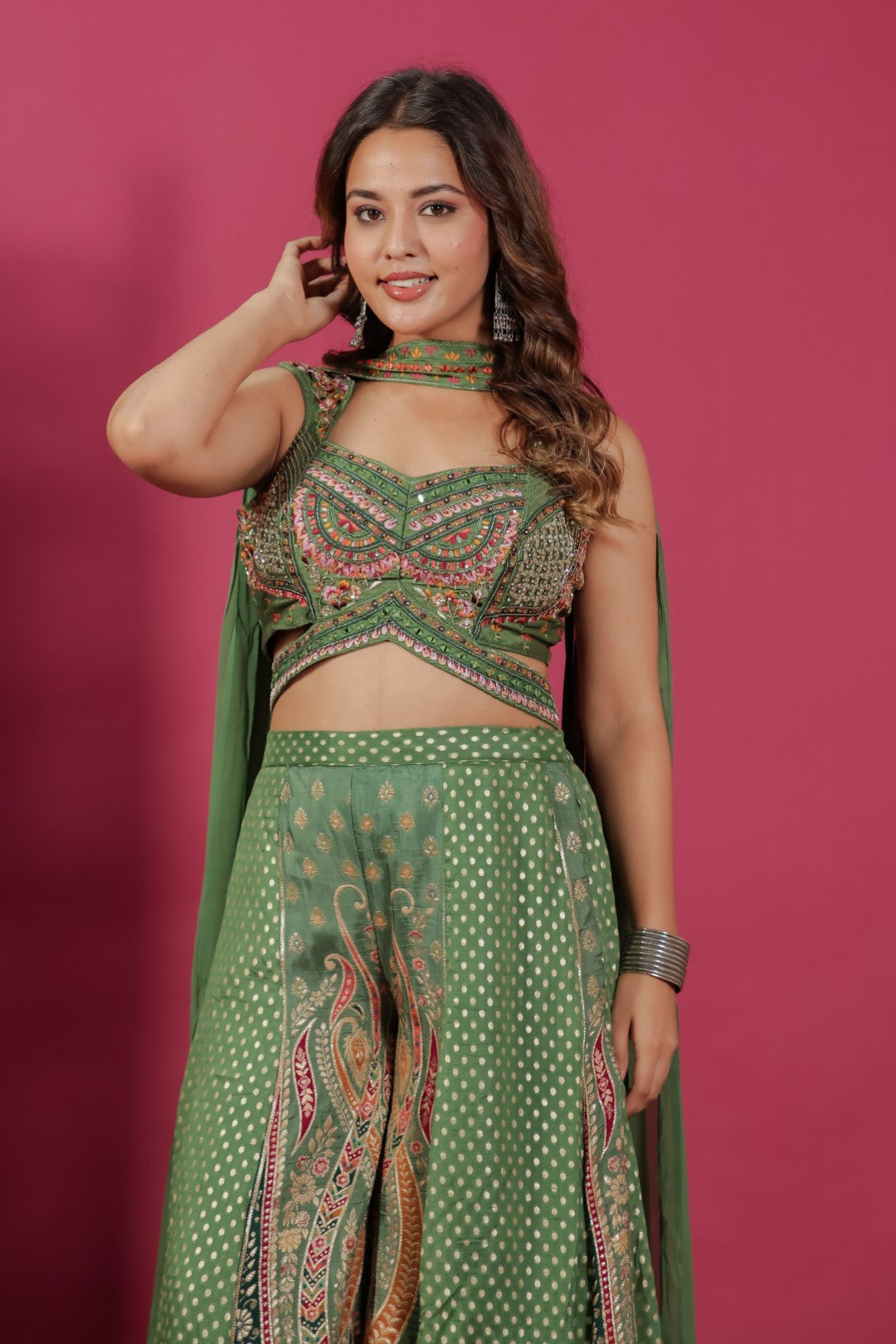 Green Silk Blouse with Zari & Mirror Work, Banarasi Printed Sharara & Dupatta