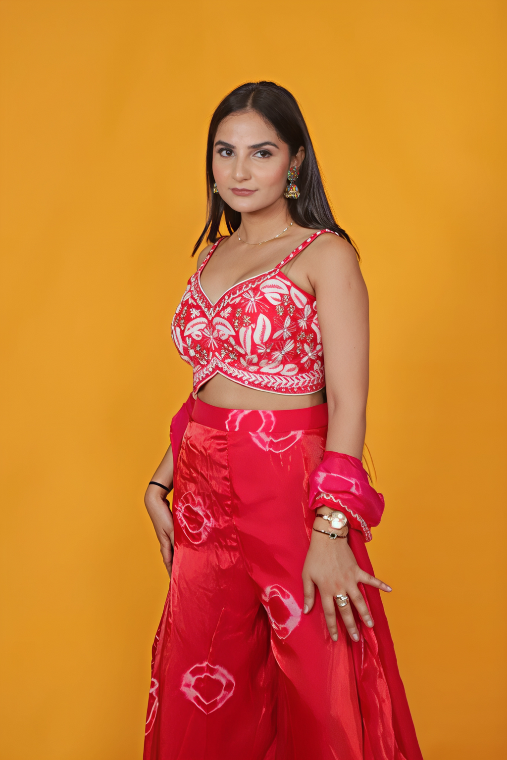 Rani Pink Silk Handwork Blouse with Printed Sharara & Shrug