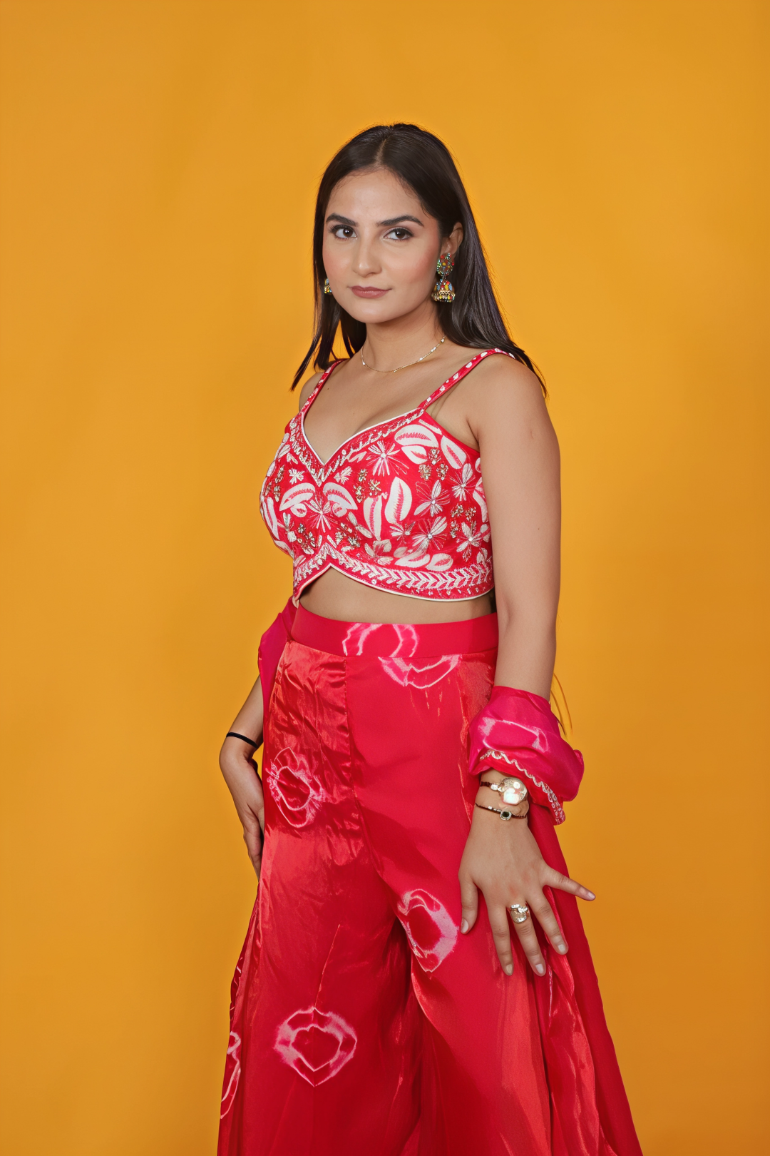 Rani Pink Silk Handwork Blouse with Printed Sharara & Shrug