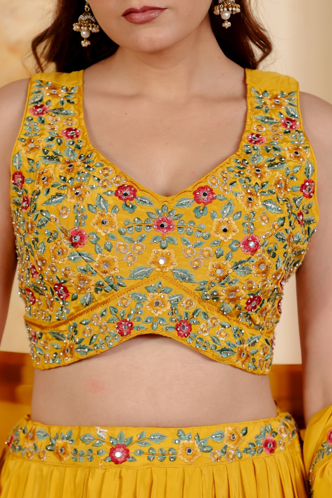 Yellow Crepe Silk Blouse with Thread & Stone Work, Lehenga & Dupatta