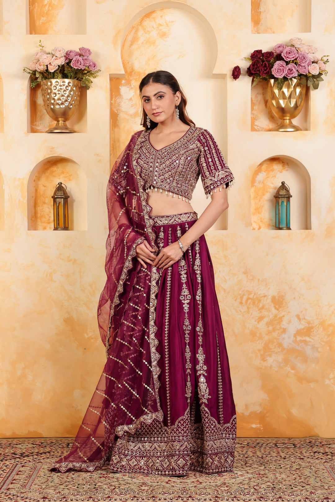 Wine Chinon Lehenga with Heavy Zari work and Matching Blouse with Net Dupatta
