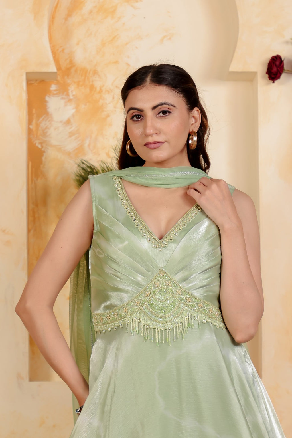 Mint Green Jimmy Choo Gown with Stylish Handwork & Net Dupatta