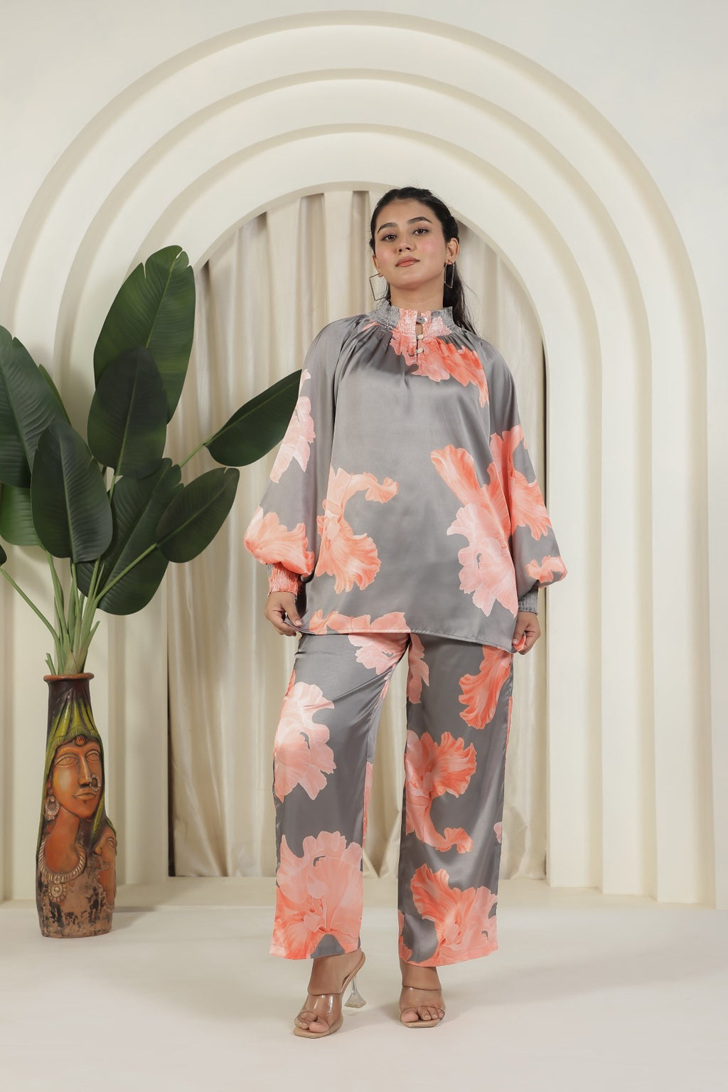 Steel Grey Satin Top with Flower Prints and Paired with Matching Bottom