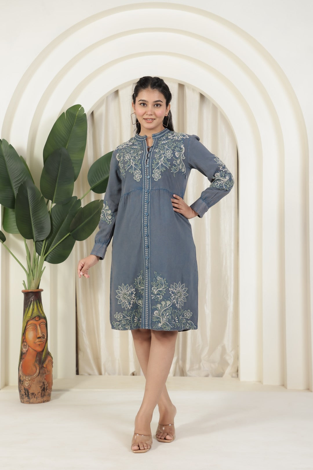 Denim Blue Dress with Thread Embroidery