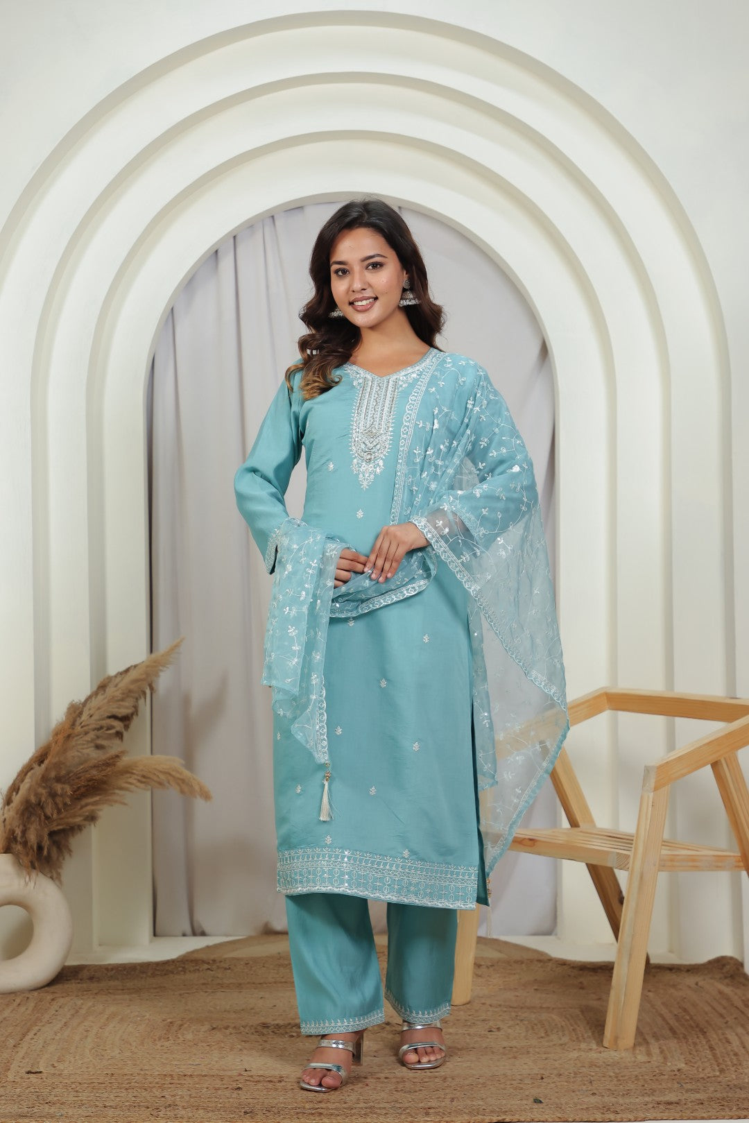 Sky Blue Muslin Suit with Thread Work, Straight Pant & Dupatta