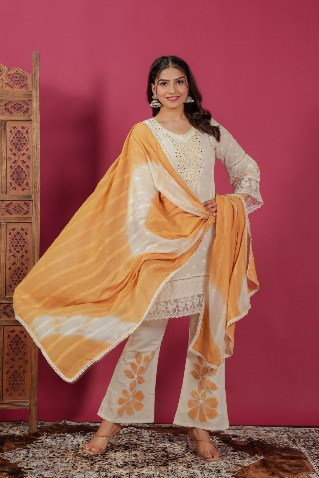 Off White Cotton Chikankari Handwork Co-ord Set with Dupatta