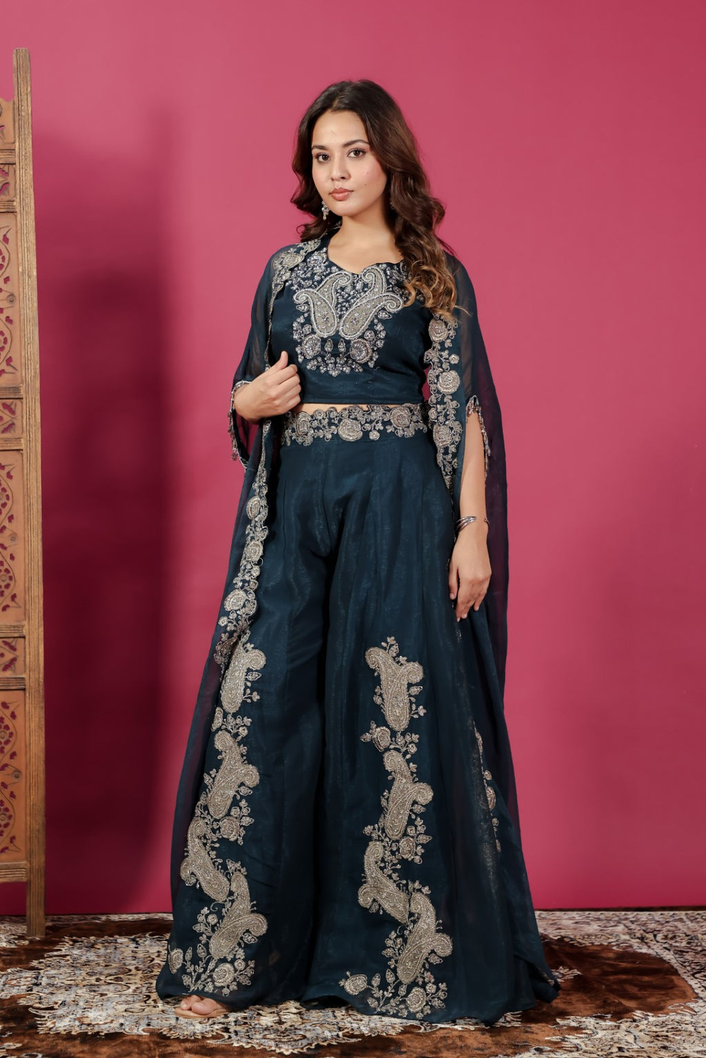 Dark Teal Blue Lurex Chiffon blouse with Patch Handwork, Sharara & Shrug