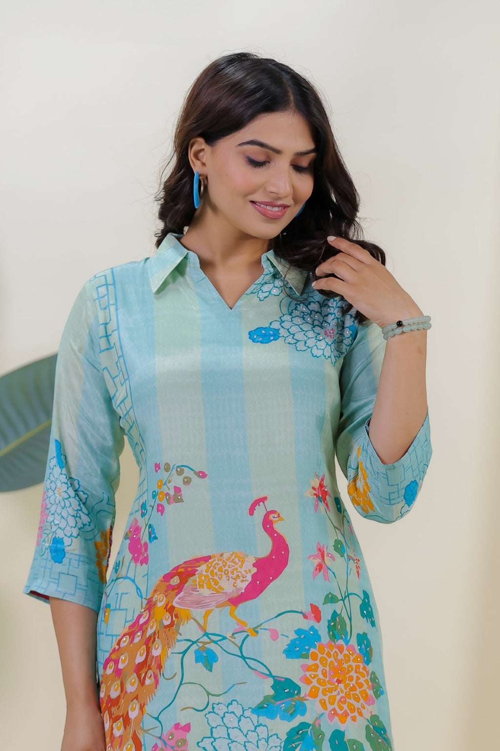 Sky Green & Sky Blue Crepe Silk with Peacock Printed Co-ord Set