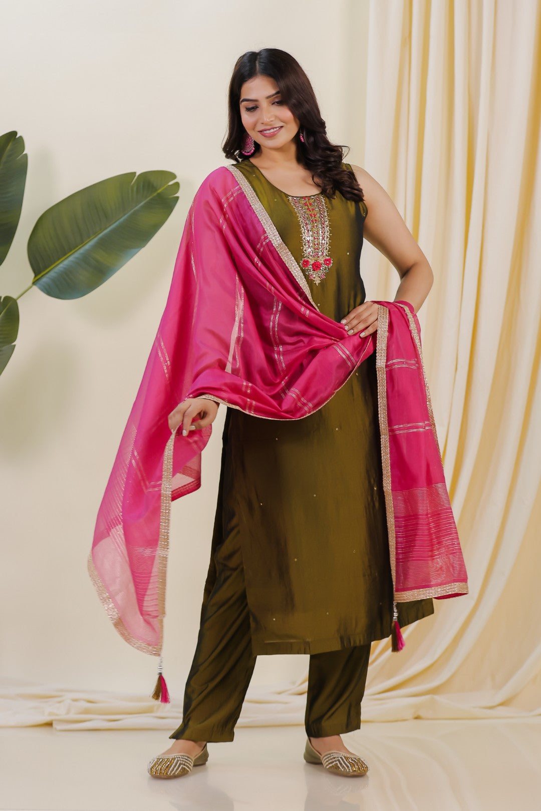 Mehendi Green Muslin Silk Suit with Handwork, Bottom & Dupatta