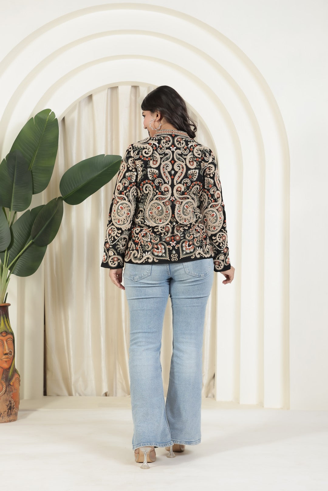 Black Muslin Cotton Jacket with Full Kashmiri Thread Embroidery