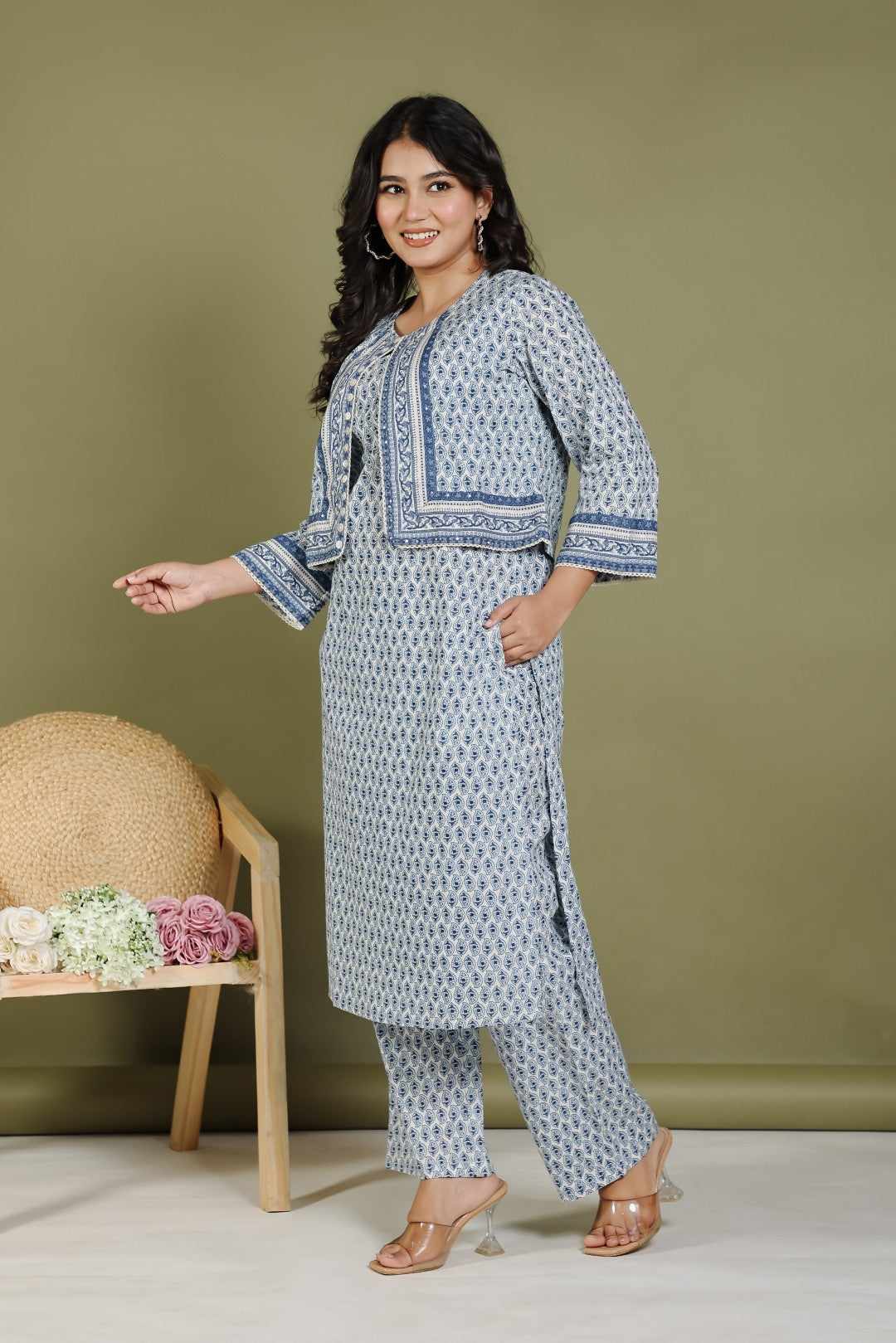 Offwhite Cotton Suit with Blue Prints and Paired With a Matching Jacket & Pant