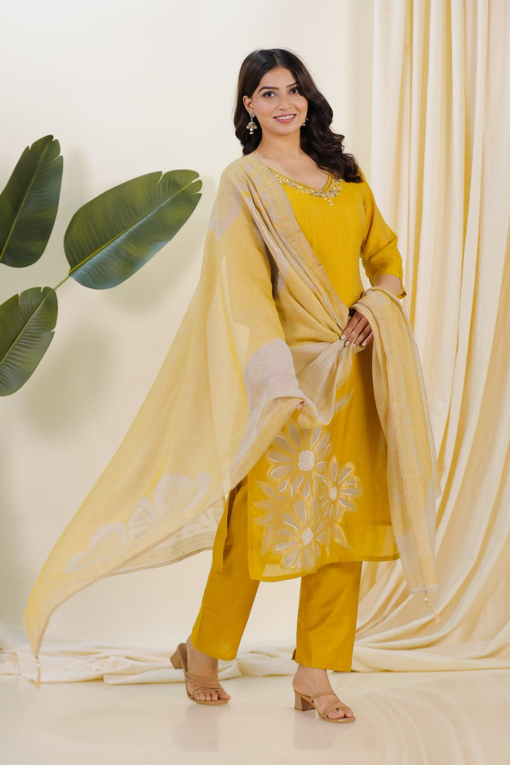 Yellow Chanderi Silk Suit with Banarasi Floral Print, Bottom & Dupatta