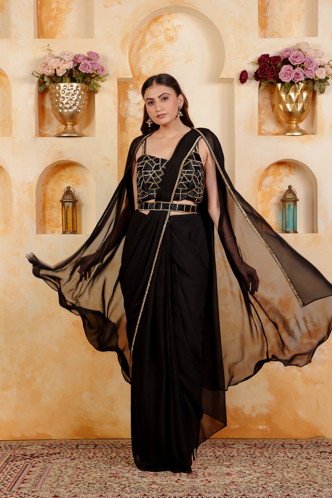 Black Georgette Drape Saree with Belt, Piping Work Blouse & Shrug