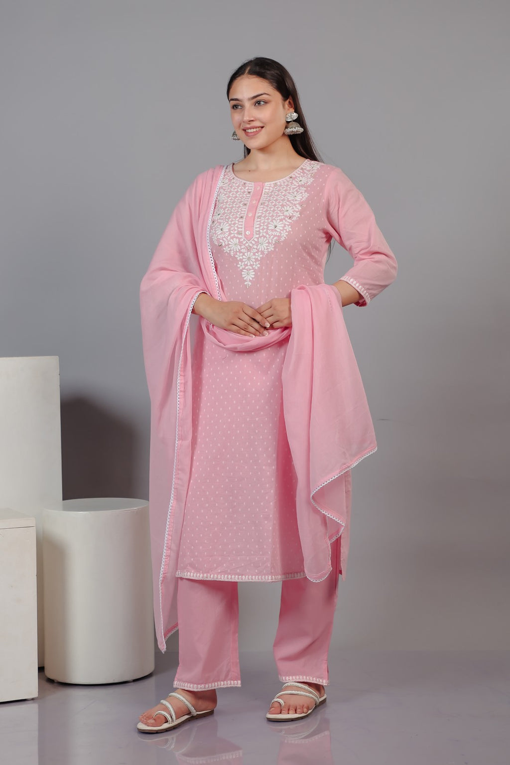 Baby Pink Cotton Suit with Thread Work, Bottom & Dupatta
