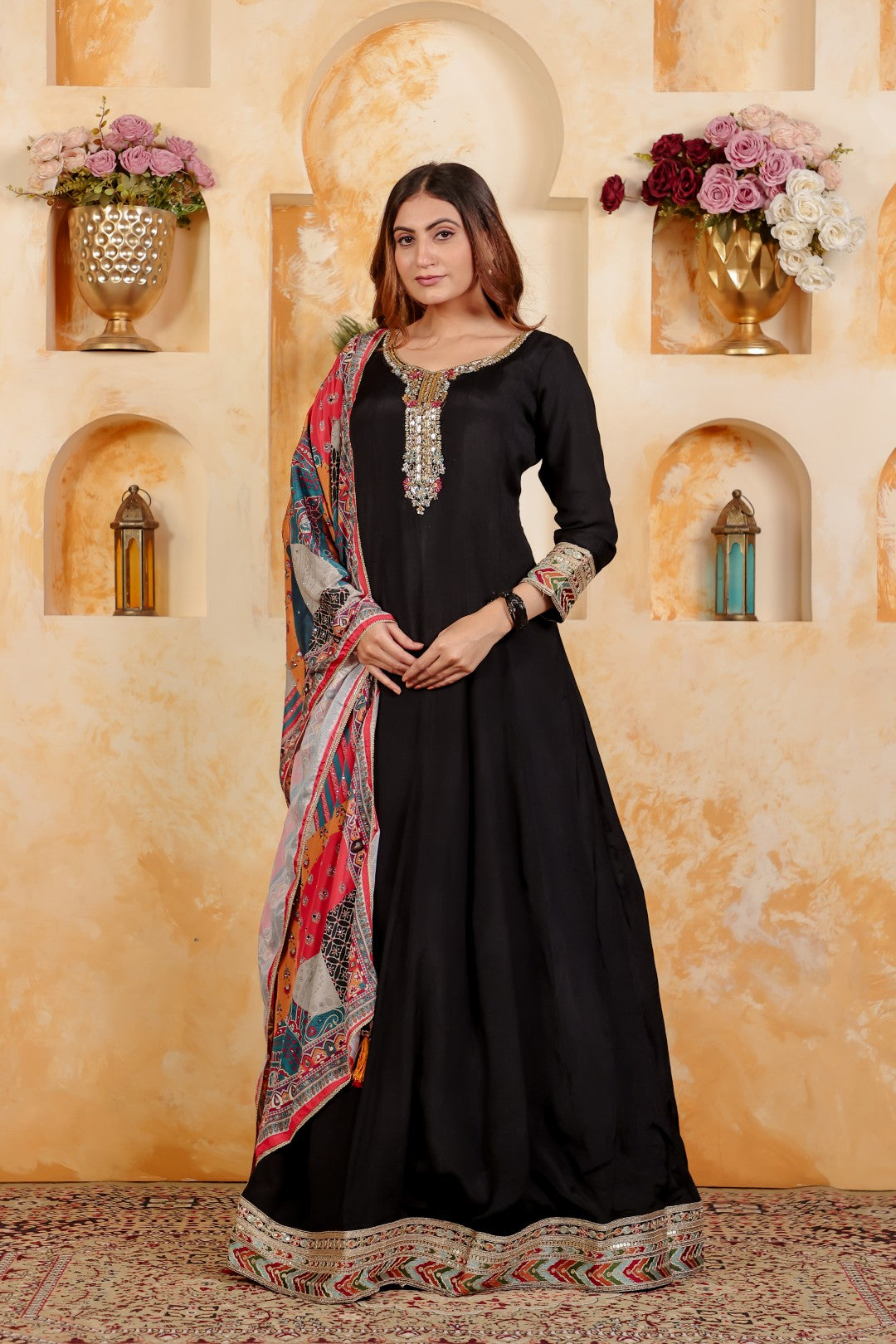 Black Pure Chinon with Zari Handwork Gown & Dupatta