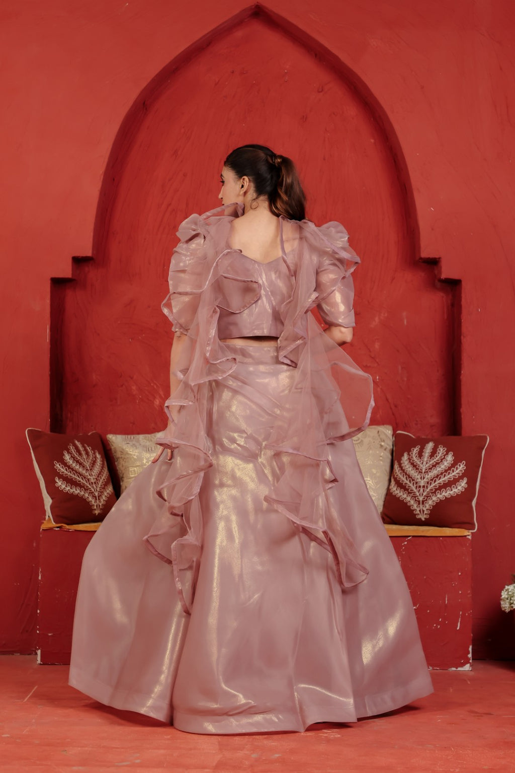 Light Brown Net Lehenga with Handwork Blouse & Dupatta