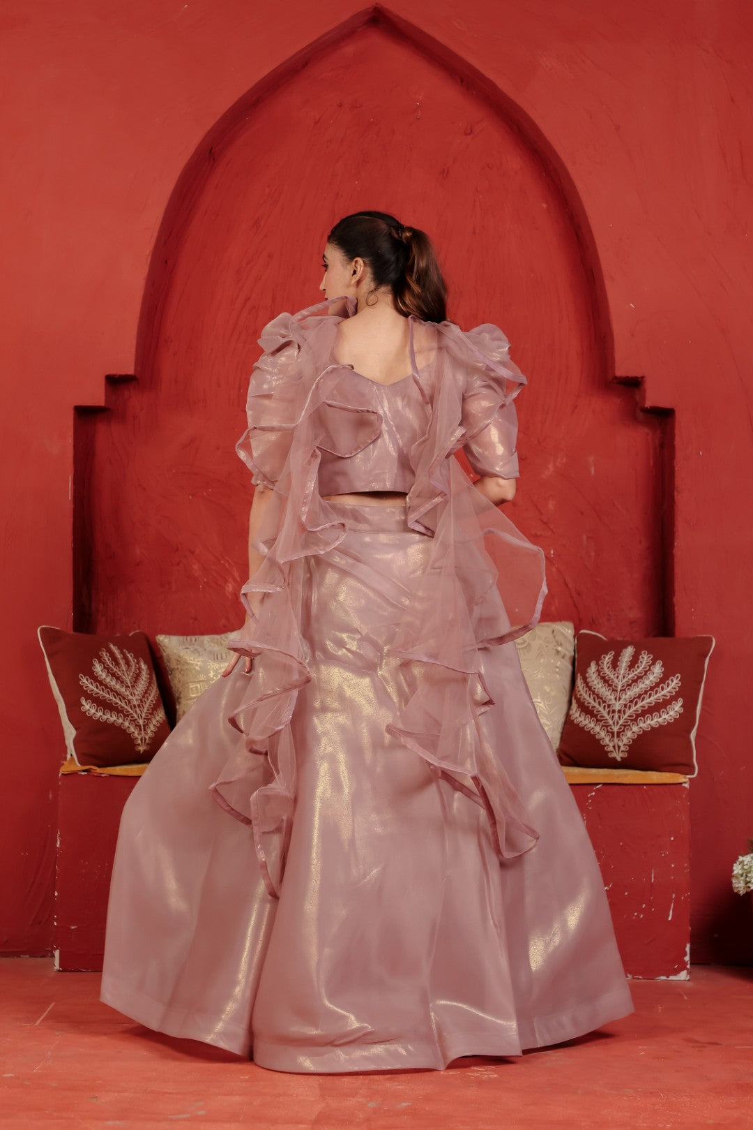 Light Brown Net Lehenga with Handwork Blouse & Dupatta