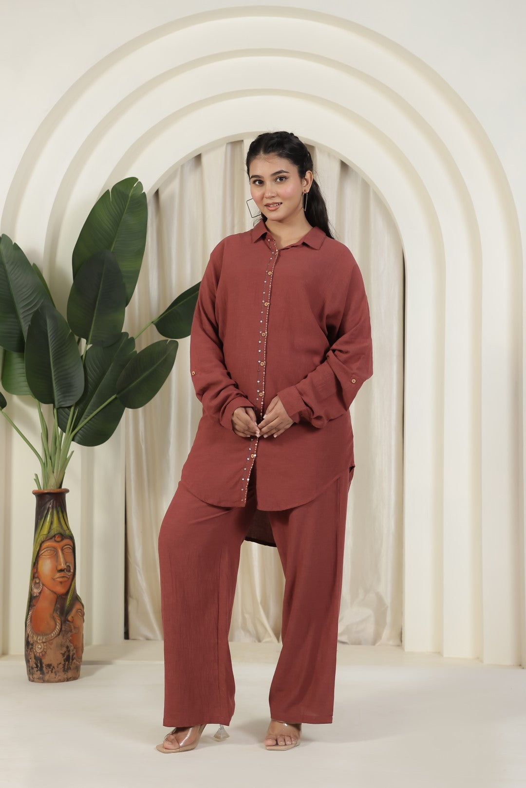 Rusty Brown Wrinkled Cotton Top with Back Thread & Sequence Work with Matching Pant