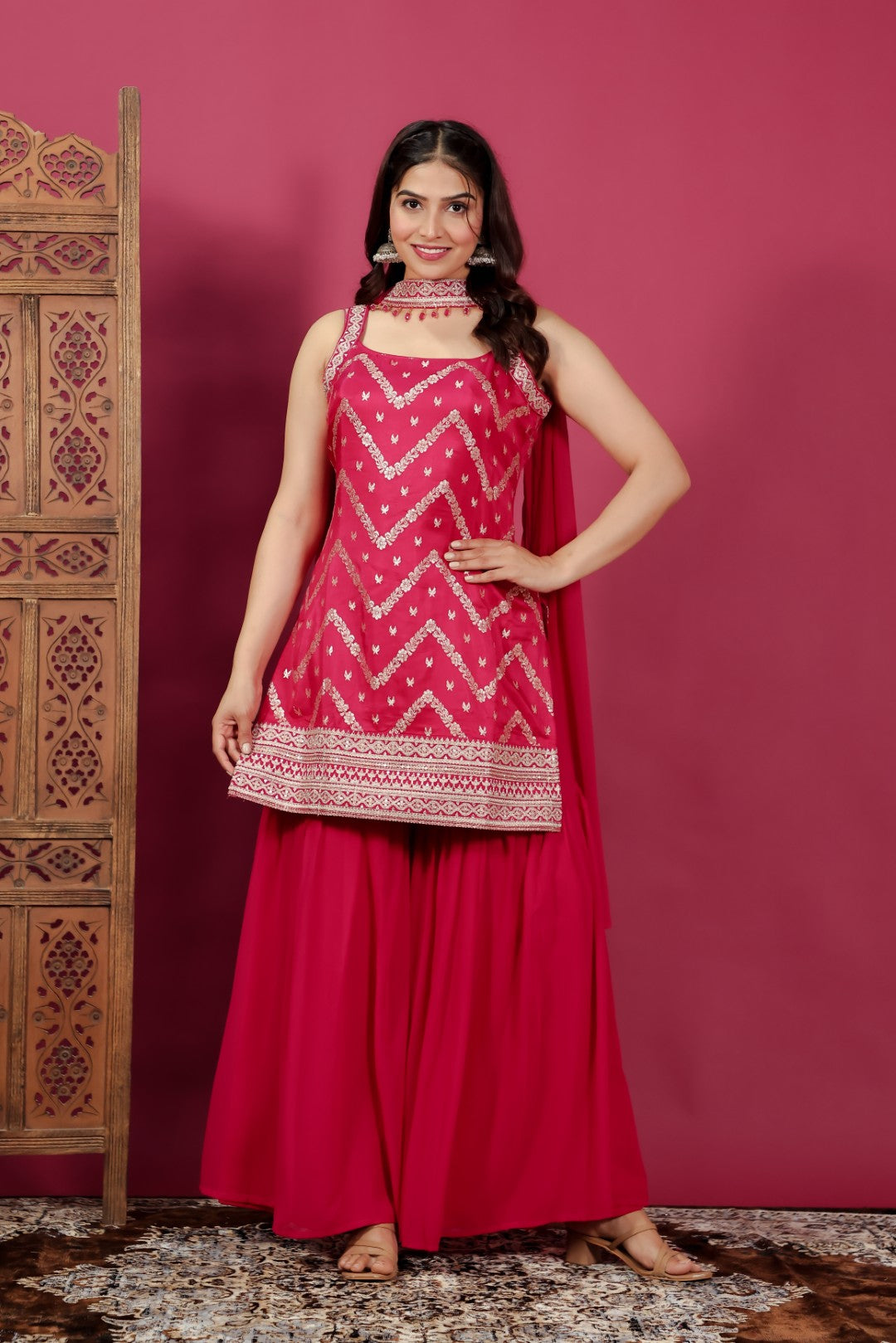 Rani Pink Ho Silk Banarasi Top with Zari Work, Sharara & Dupatta