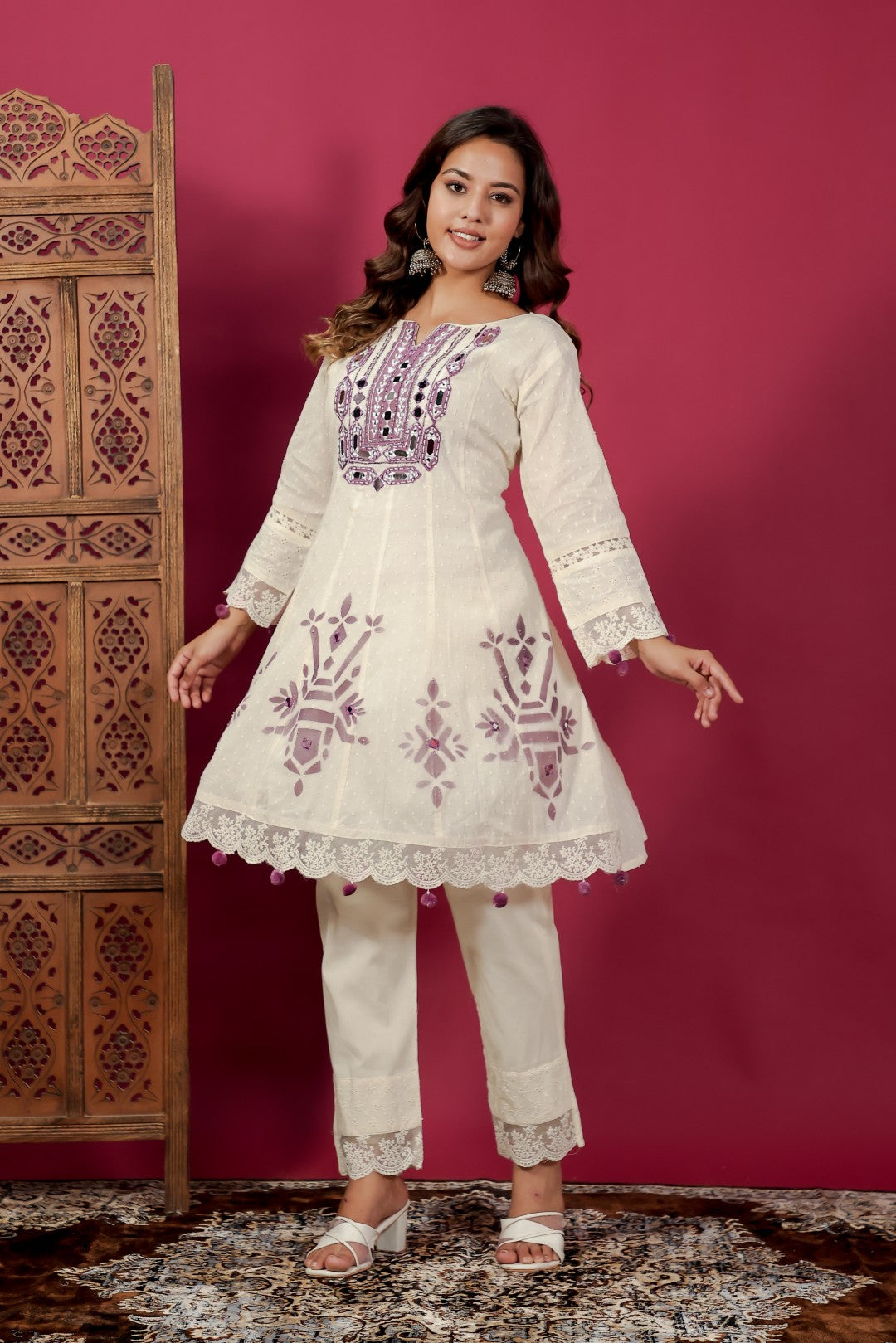 Off White Cotton Suit with Dollar Butti, Mirror & Handwork Neck, Block Print, Pant & Dupatta