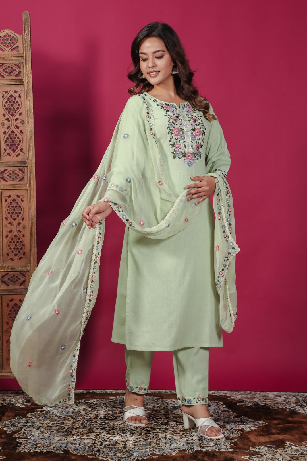 Pista Green Linen Cotton Suit with Thread Embroidery, Bottom & Dupatta