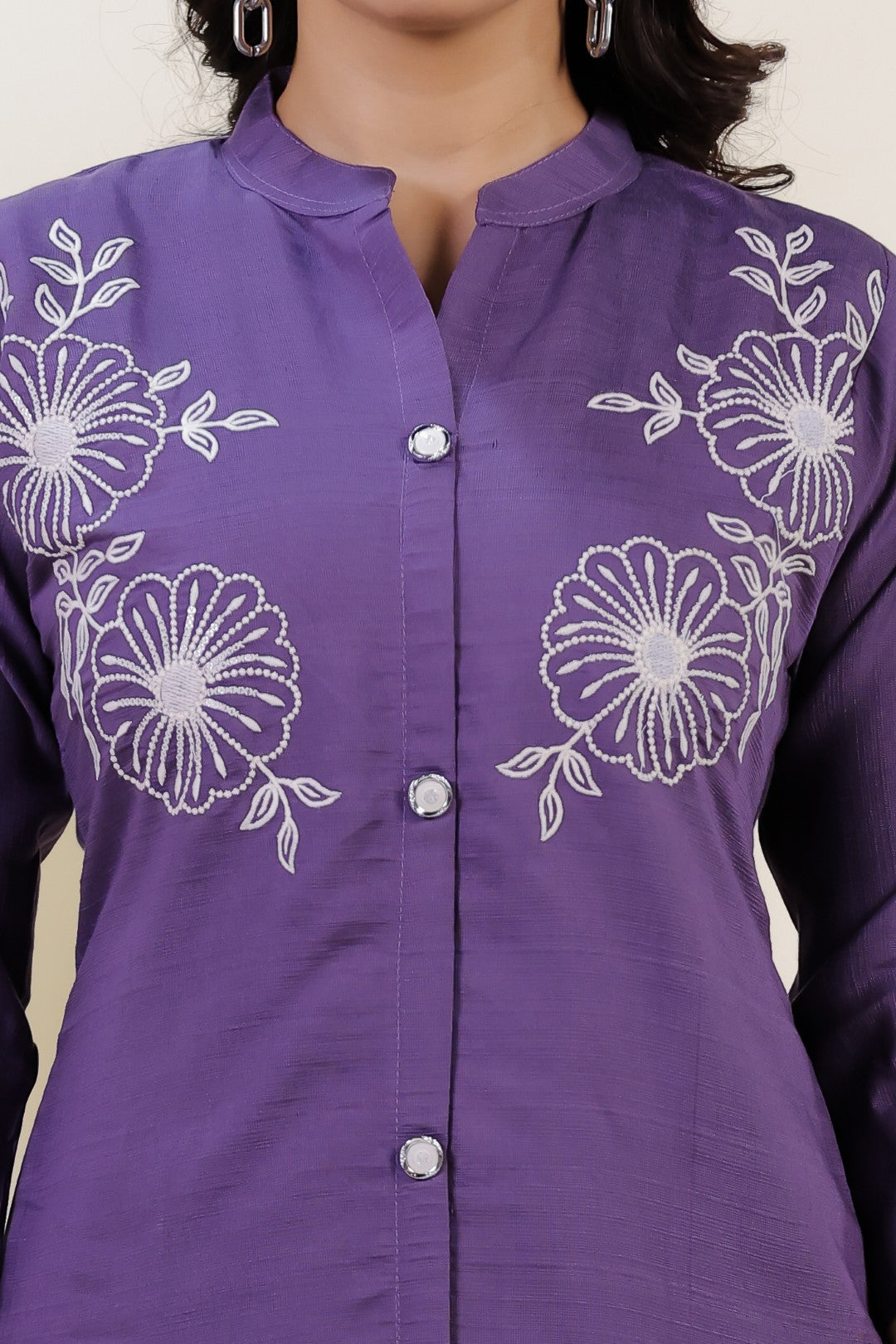 Lavender Slub Cotton with Floral Thread Work Co-ord Set