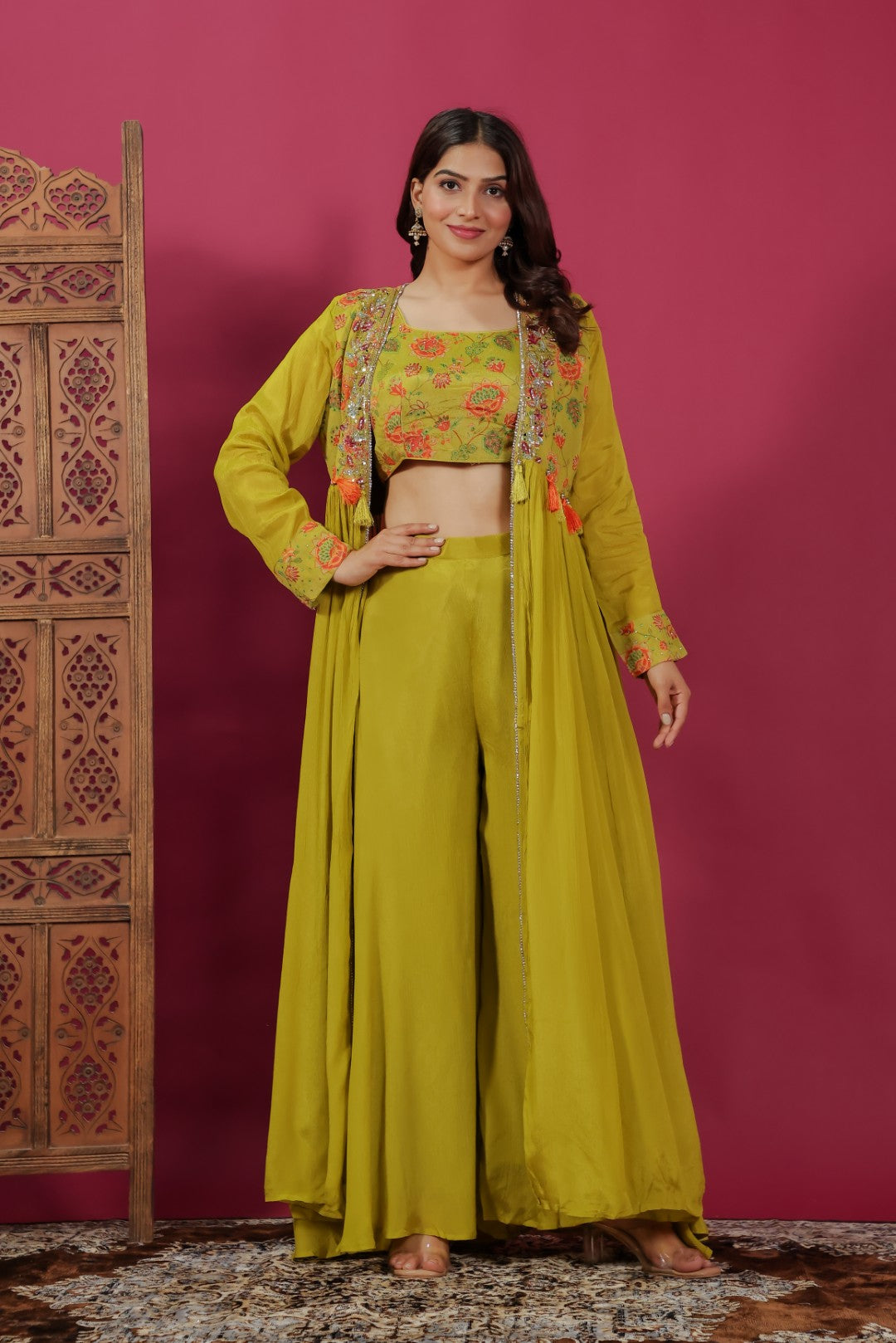 Mehendi Green Chinon Silk Printed Blouse, Sharara & Handwork Shrug