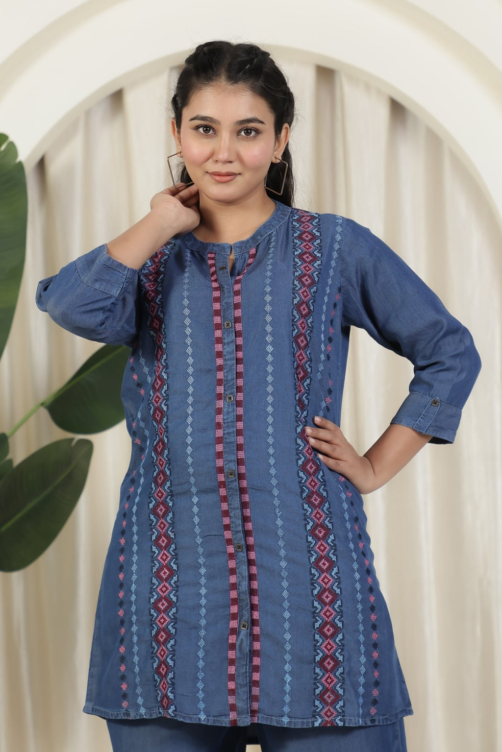 Navy Blue Denim Top with Embroidery and Paired with Matching Pant