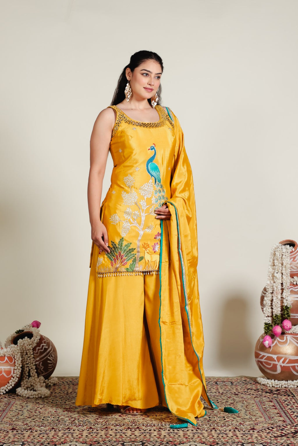 Mustard Yellow Chinon Suit with Peacock Zari Work, Sharara & Dupatta