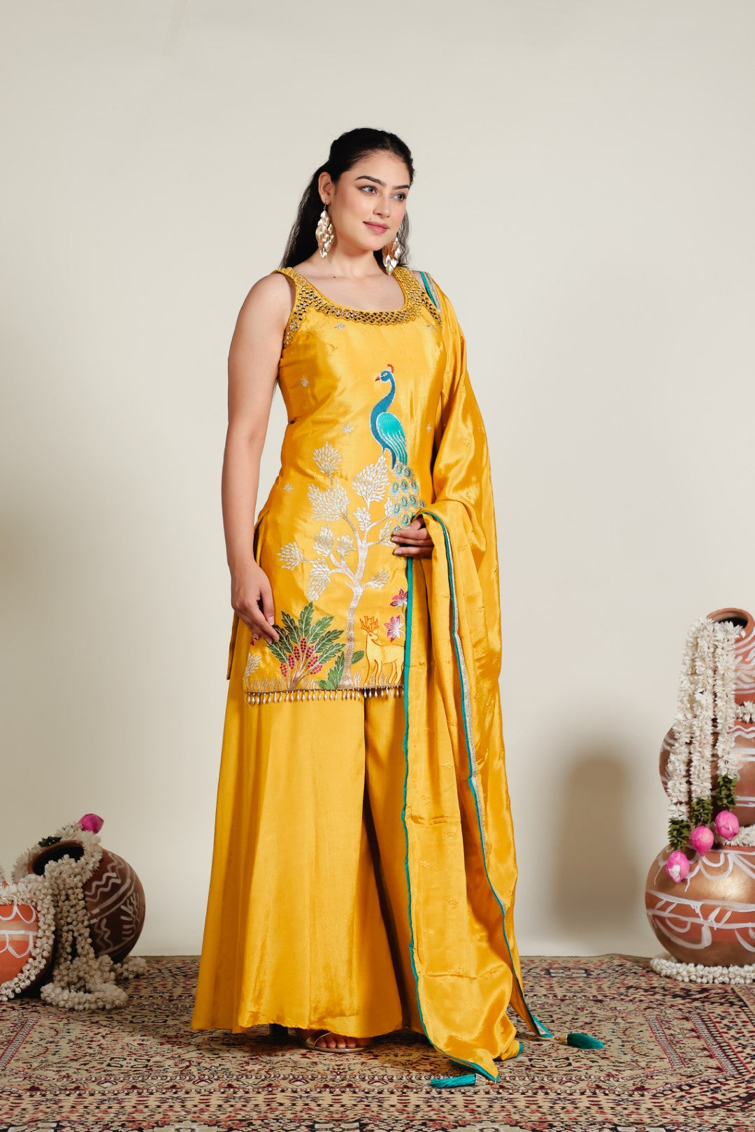 Mustard Yellow Chinon Suit with Peacock Zari Work, Sharara & Dupatta
