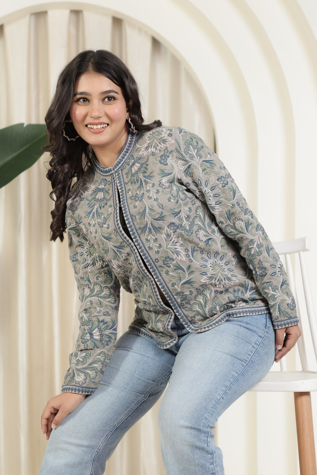 Grey Cotton Jacket with Kashmiri Thread Embroidery
