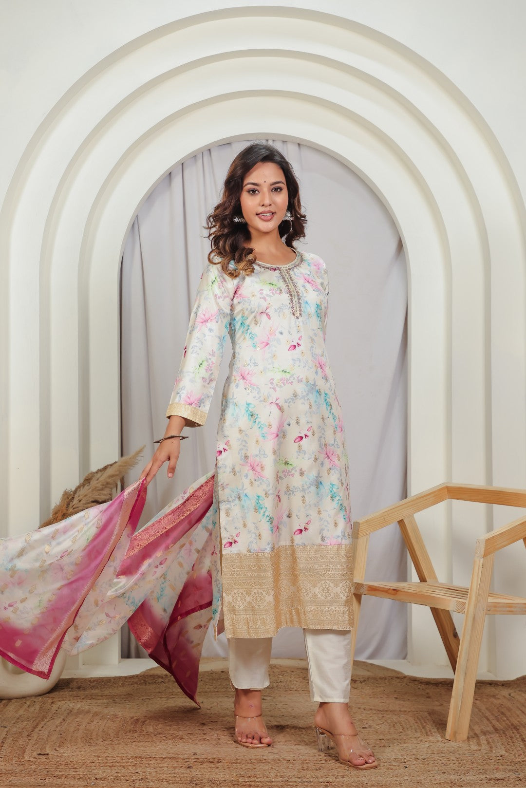 Off White Muslin Silk Suit with Colorful Floral Print, Pant & Dupatta
