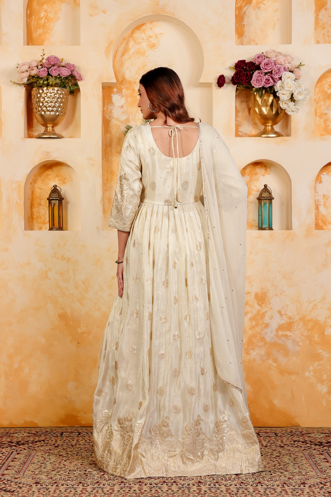 Off White Mosh Silk Banarasi Print with Belt, Gown & Dupatta