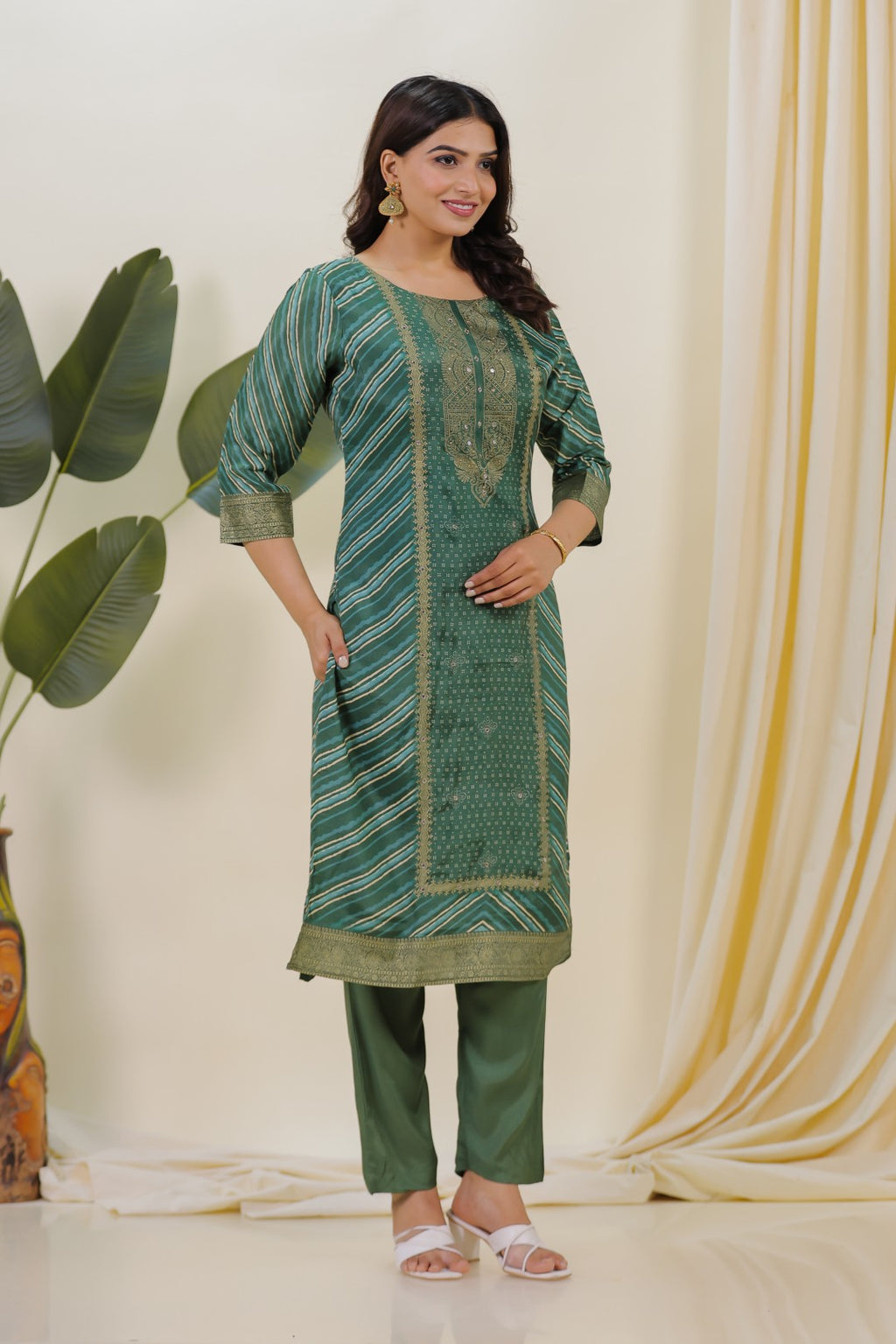 Green Silk Leheriya Print Suit with Foil Work, Bottom & Dupatta