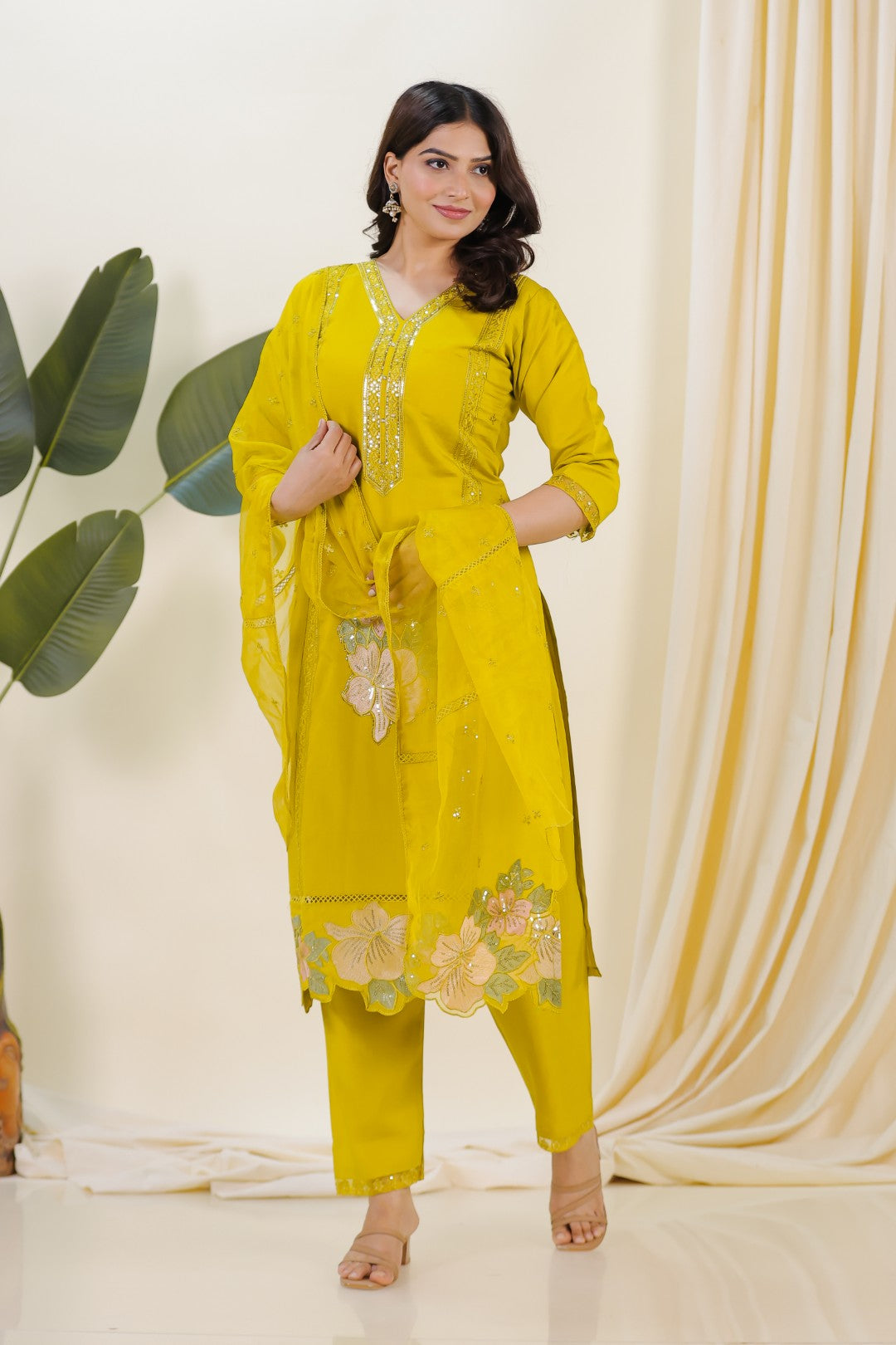 Olive Yellow Muslin Suit with Embroidery, Bottom & Dupatta
