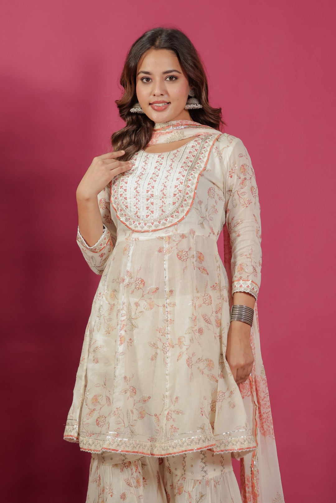 Off White Mulmul Cotton Foil Printed Suit, Sharara & Dupatta