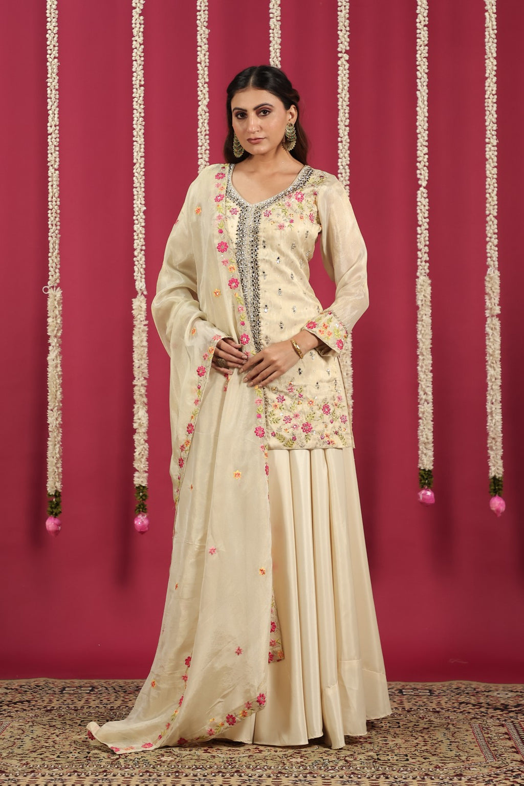 Beige Mosh Silk Short Kurti with Thread & Mirror Work, Sharara & Dupatta