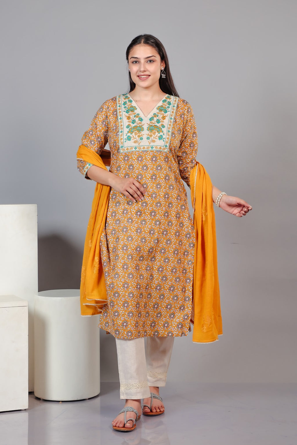 Yellow Cotton Printed Suit with Thread Work, Bottom & Dupatta