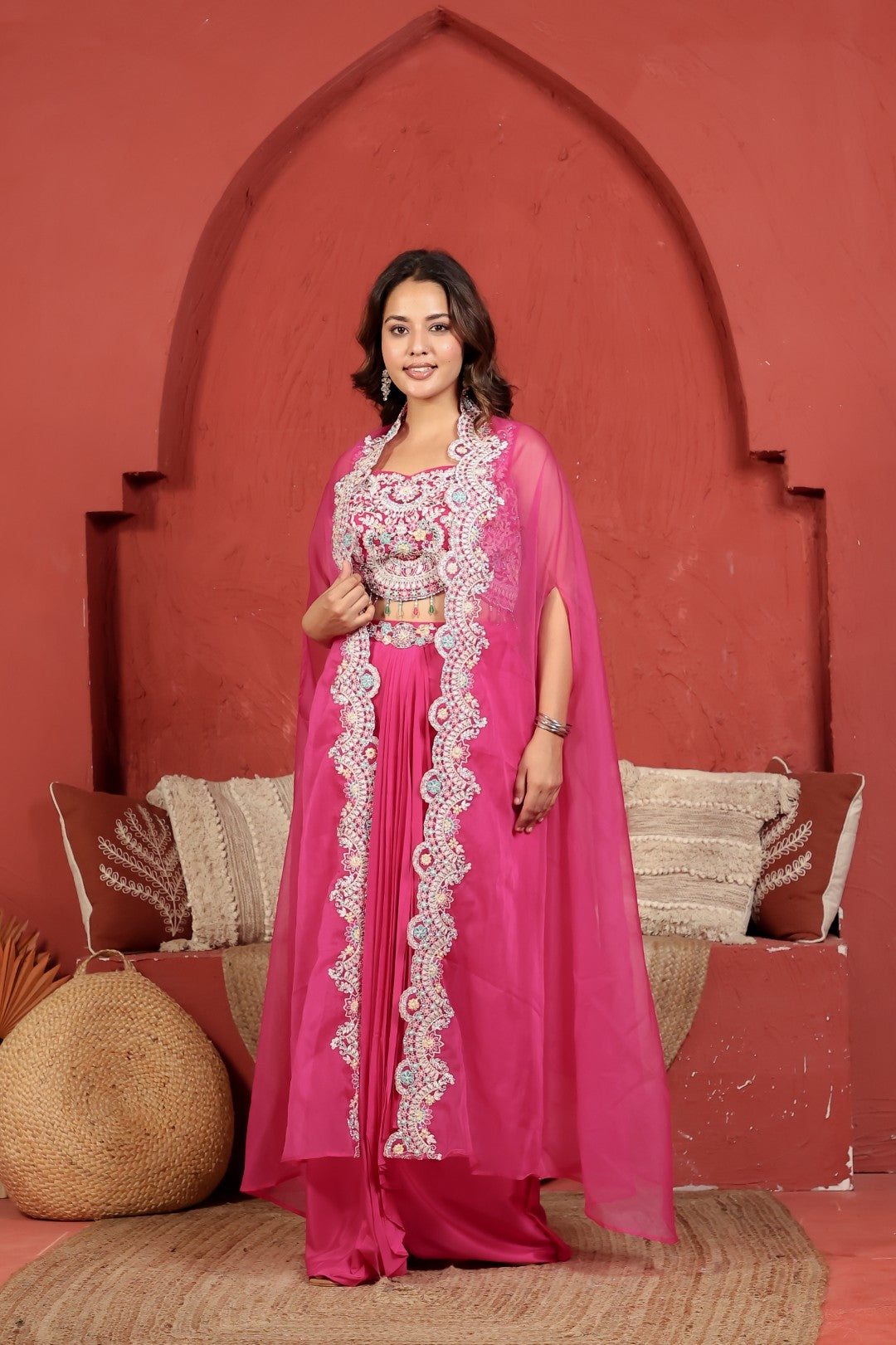 Dark Pink Crepe Silk Dhoti with Handwork Blouse & Shrug