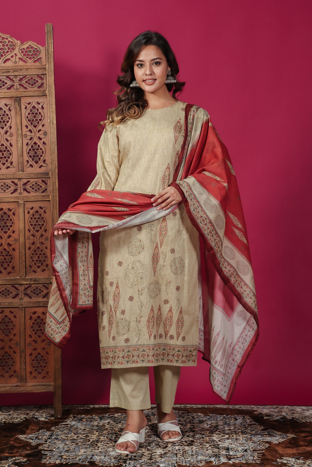 Beige Cotton Katha Print Suit, Bottom & Dupatta