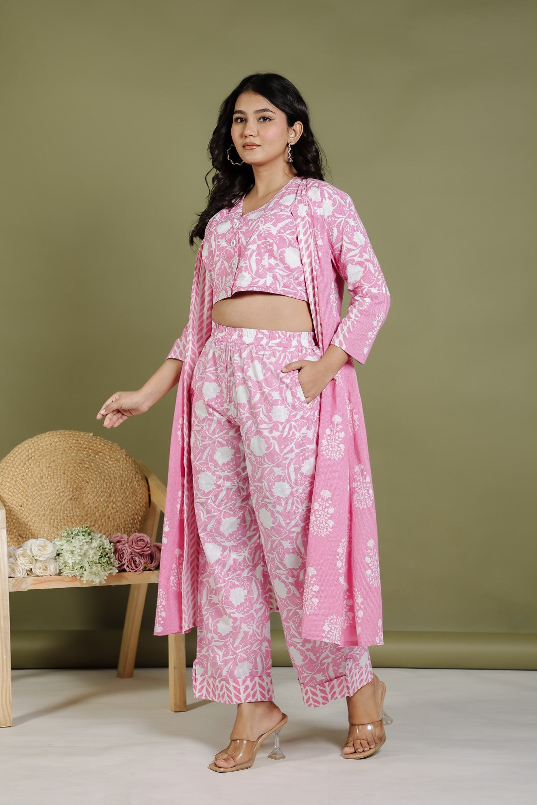 Pink Cambric Cotton Jacket Shrug with White Prints, and Paired with Matching Blouse & Pant