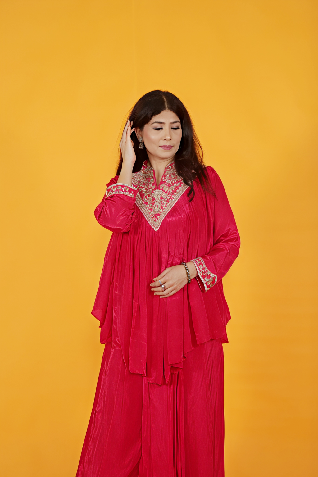 Rani Pink Crepe Silk Ponchu with Handwork and Matching Dhoti