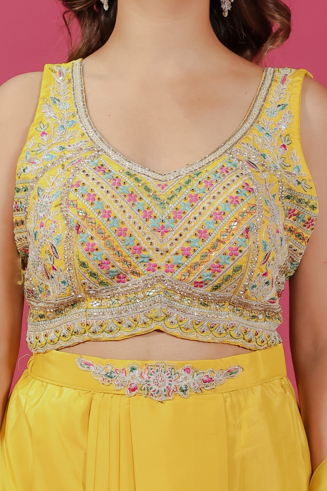 Yellow Crepe Silk Blouse with Hand & Thread Work, Sharara & Shrug