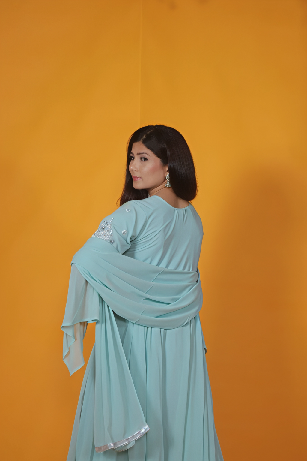 Sea Green Georgette Top with Thread work, Bottom & Dupatta