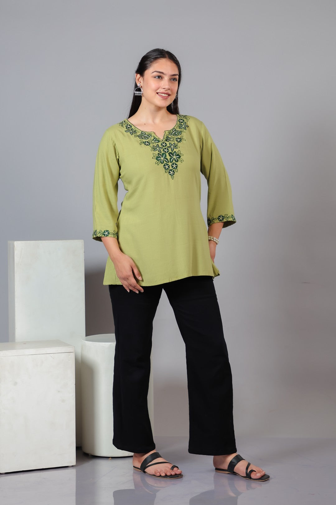 Pista Green Rayon Thread Work Top
