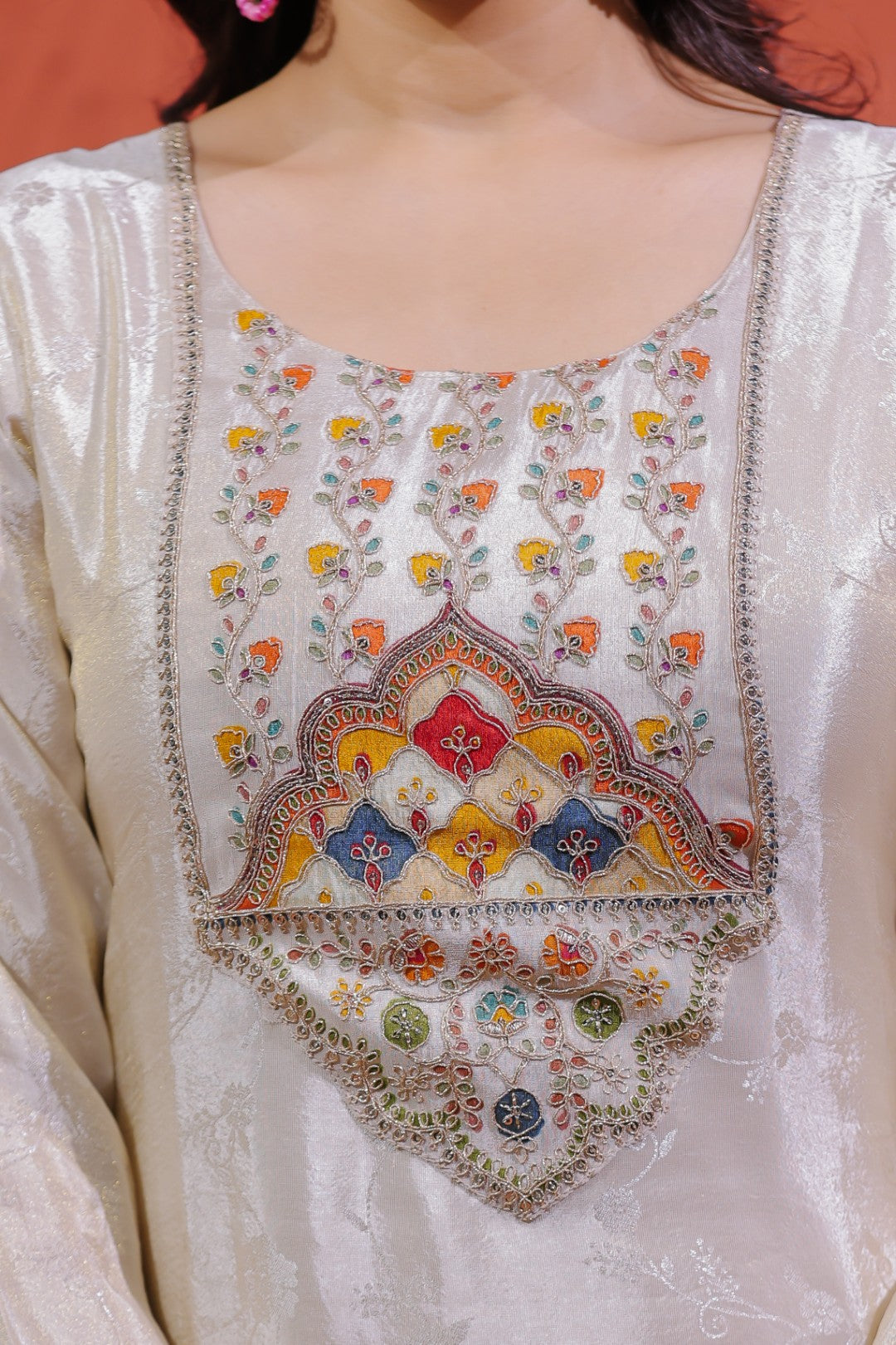 Off White Mosh Silk Suit with Self Print & Zari Sequin Work, Bottom & Dupatta